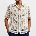 Men's hollow sweater short sleeved crochet cardigan polo shirt in apricot acrylic knit on a hanger front view