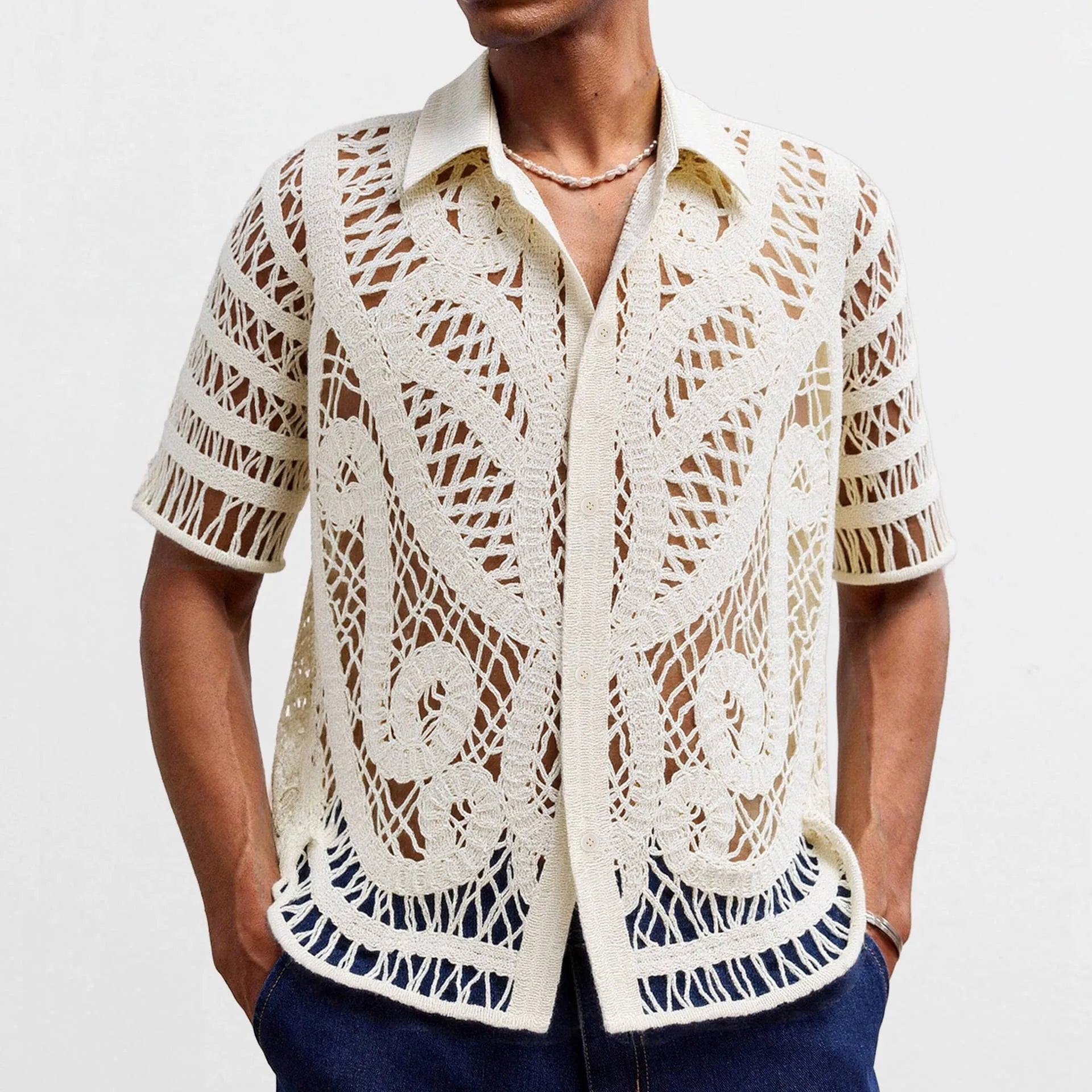 Men's hollow sweater short sleeved crochet cardigan polo shirt in apricot acrylic knit on a hanger front view