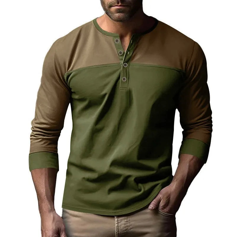 Men's long-sleeve henley collar casual shirt in a retro colour-block design