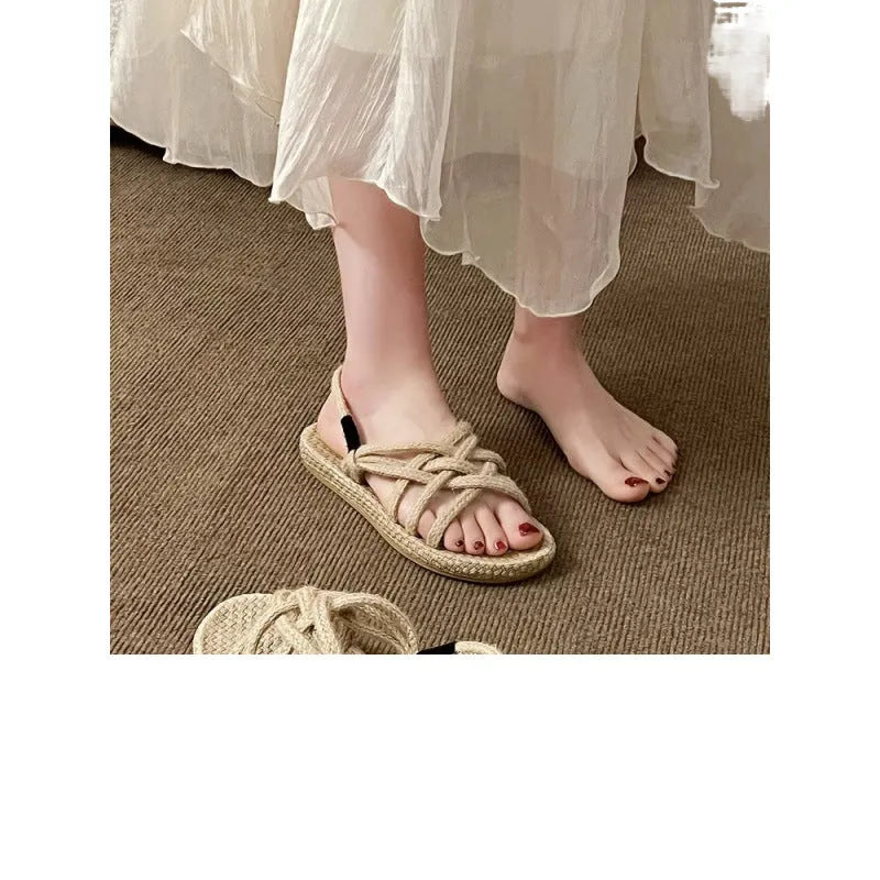 Braided hemp rope sandals for women, black, lightweight non-slip rubber sole, PU upper, round toe casual flat