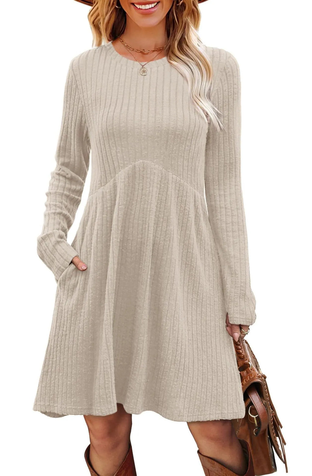 Women's bohemian brushed sunken stripe midi dress in apricot, wide waist, solid colour stitching detail, front view