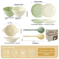 Seven-piece solid colour ceramic tableware set with modern Japanese style design on a table.