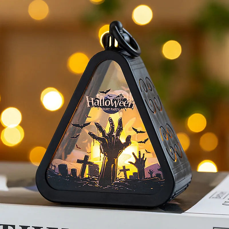 Halloween pumpkin lantern plastic decoration with castle, ghost hand, pumpkin, and witch colour variations