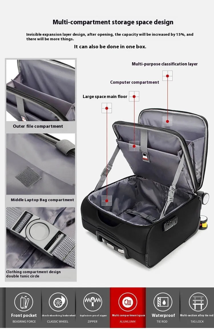 Black 18-inch Oxford cloth business suitcase with retractable handle and universal wheels