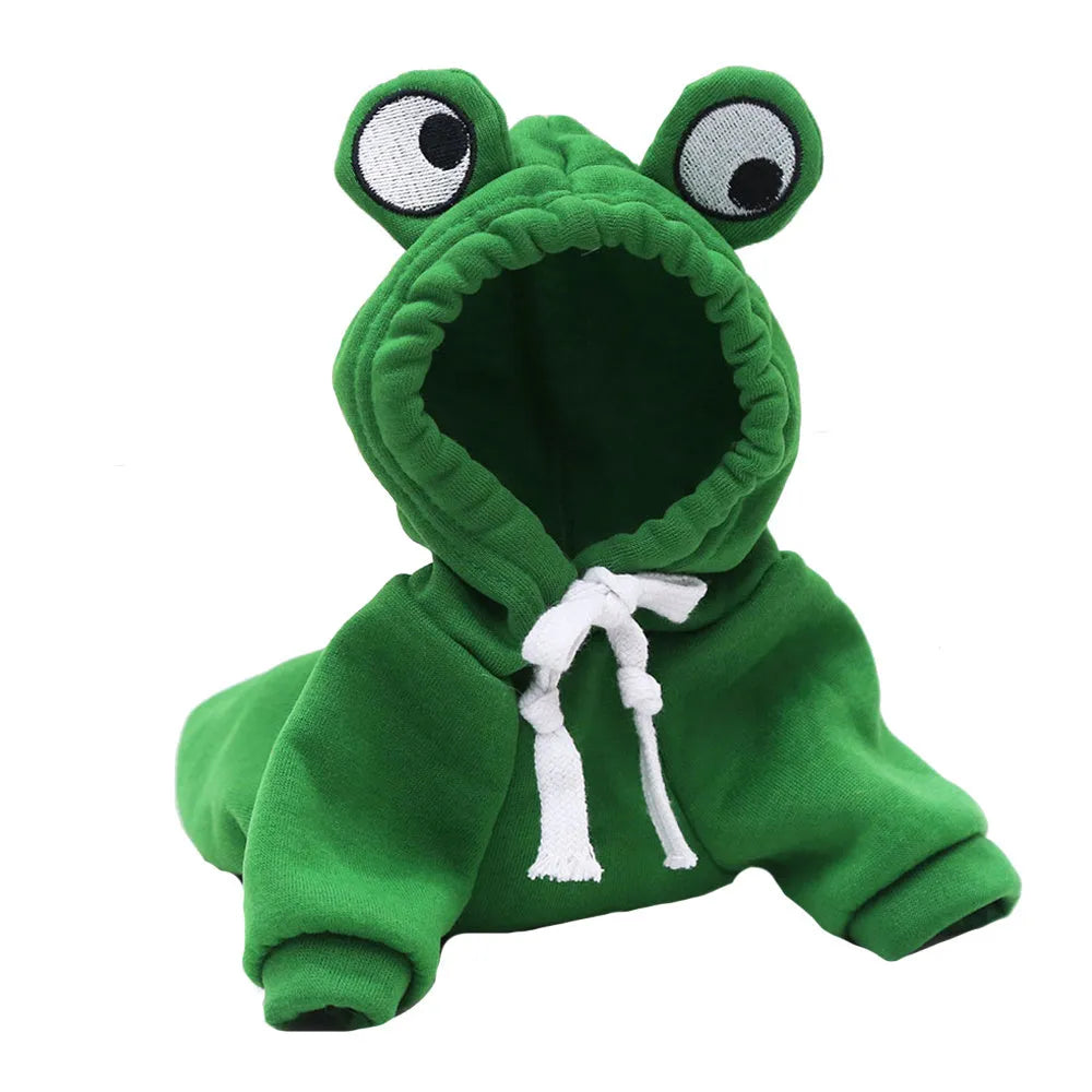 Green frog costume hoodie on a small dog, showing long sleeves and hood
