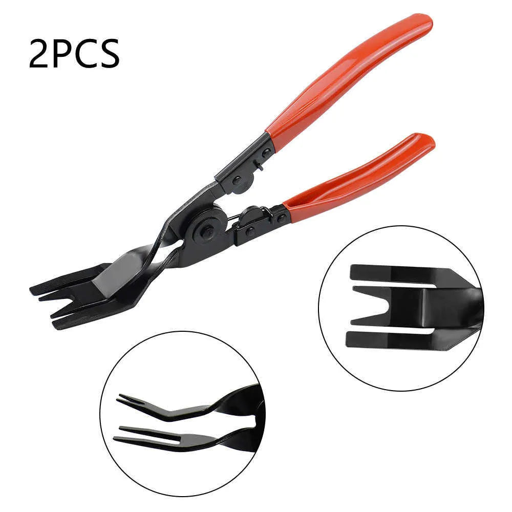Red-handled steel automotive clip removal pliers for General Motors door panels.