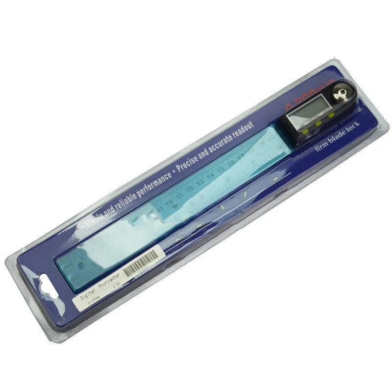 Stainless steel digital angle ruler with display on a wooden workbench showing a 45-degree angle