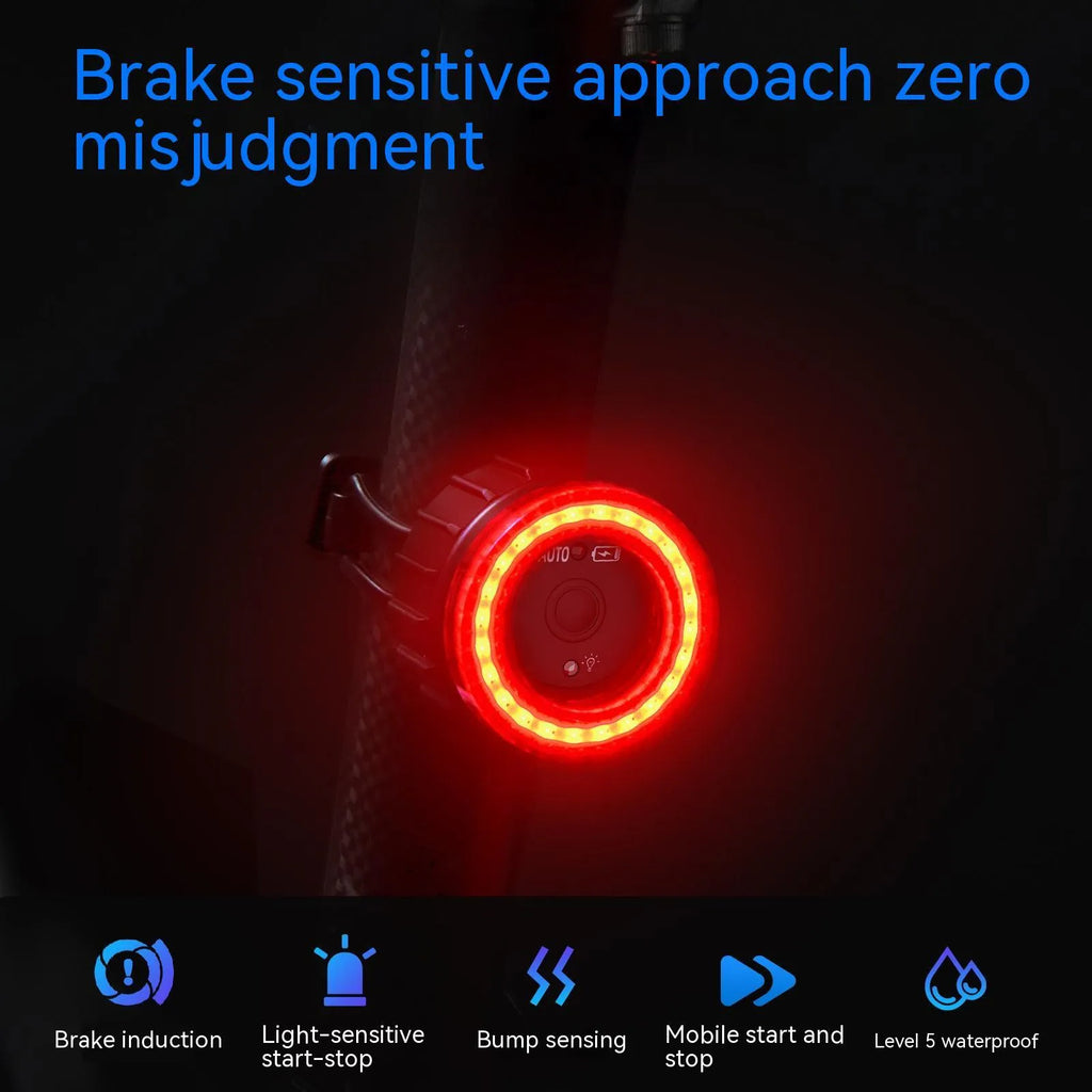 Black intelligent induction bicycle brake light with aluminium alloy construction and seat tube mounting bracket
