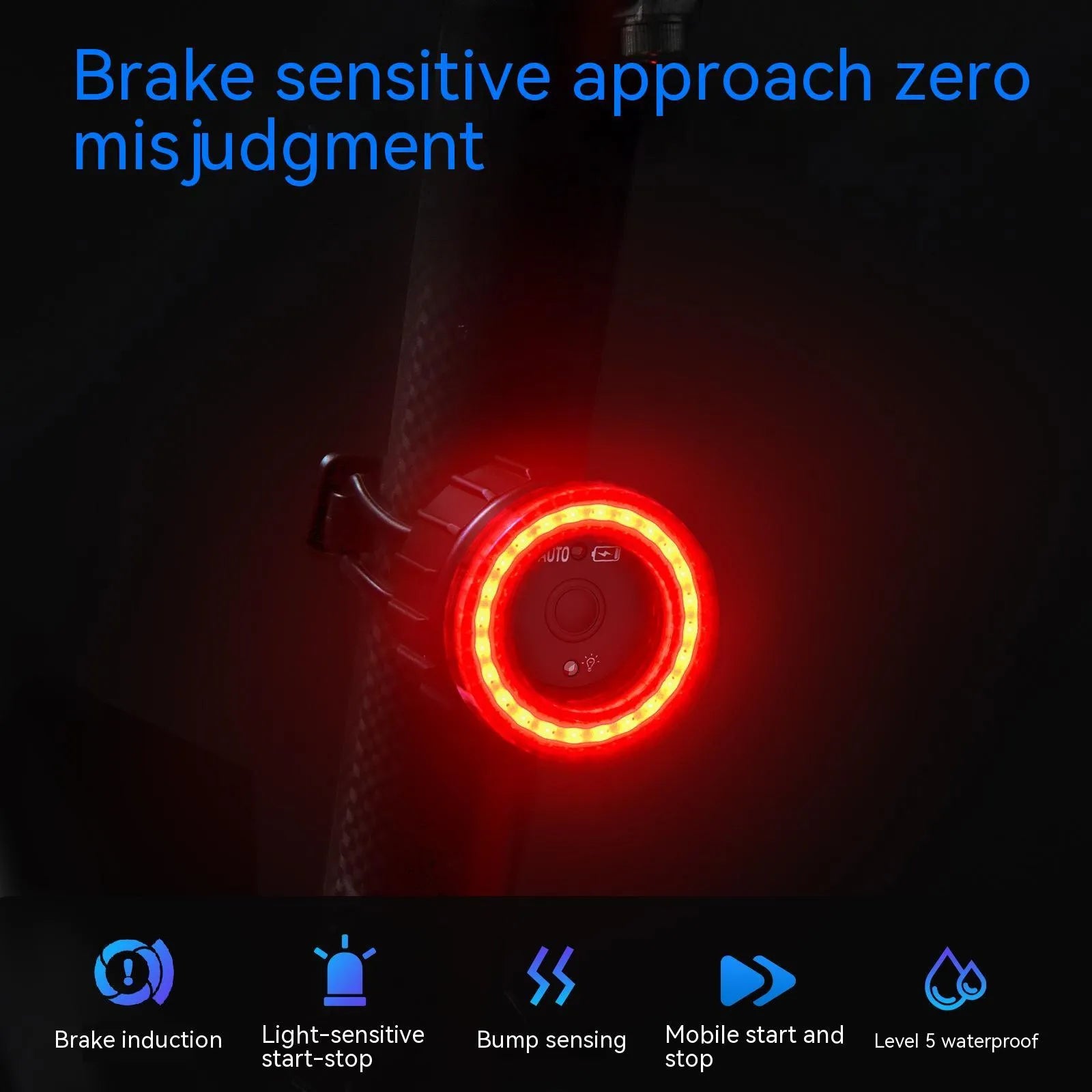 Black intelligent induction bicycle brake light with aluminium alloy construction and seat tube mounting bracket