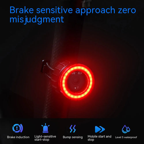 Black intelligent induction bicycle brake light with aluminium alloy construction and seat tube mounting bracket