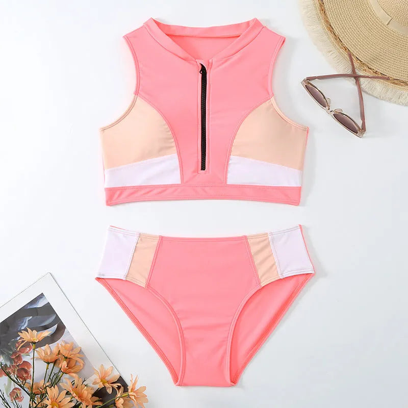 Pink high waist bikini swimsuit set with briefs style on a hanger.