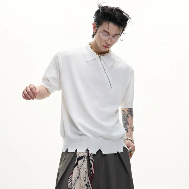 Men's black knitted polo shirt with oblique zipper and slim-fit ice-feel design