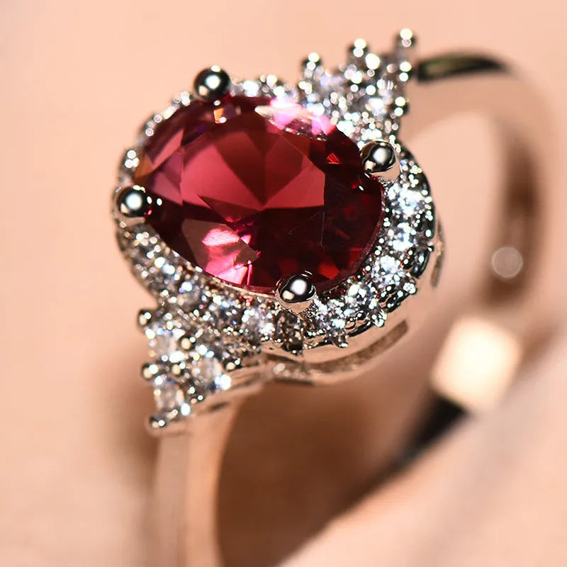 Oval ruby ring with diamond treatment in ruby white gold colour, adjustable copper women's ring