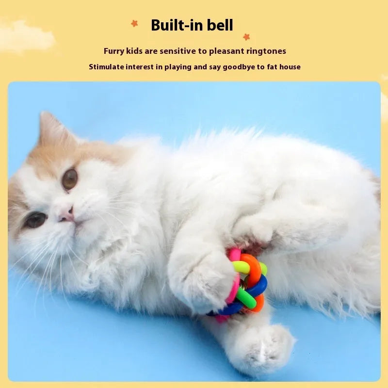 Colourful woven plastic pet toy ball with bell in rainbow colour, 6.5cm size