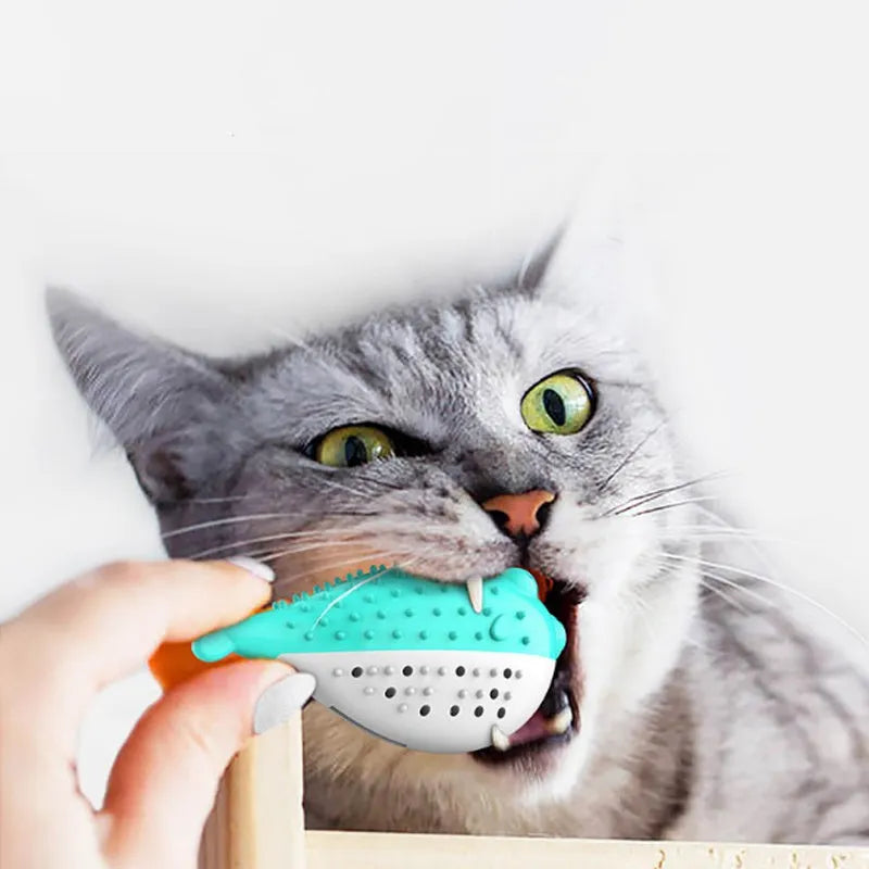 Blue silicone fish-shaped cat chew toy with measurements showing 12.2 cm length