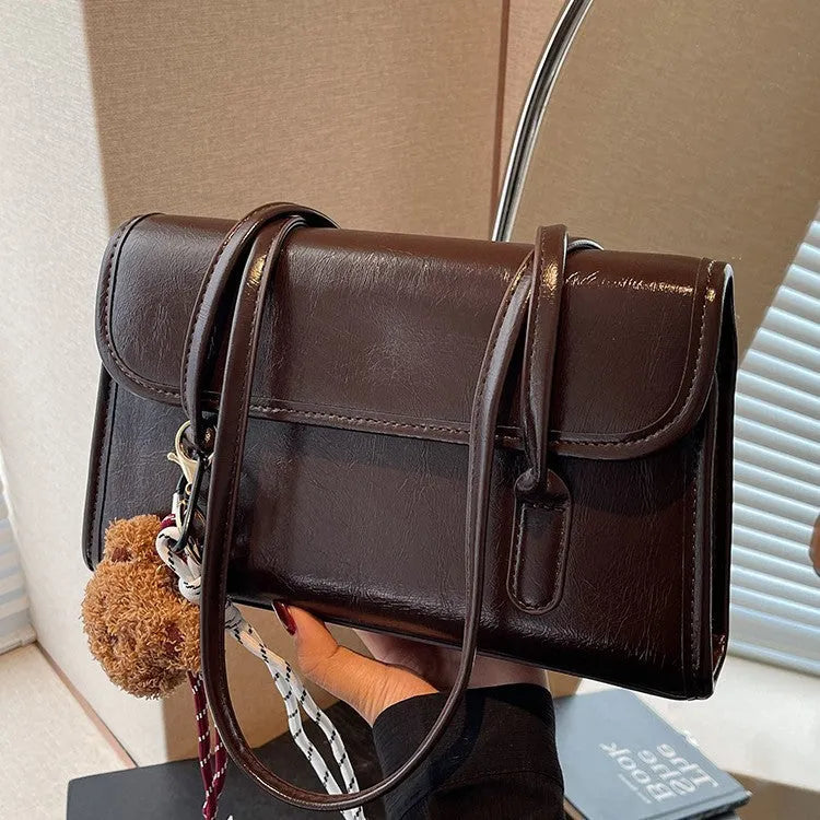 Women's brown Maillard PU leather shoulder bag with double straps and pendant attachment