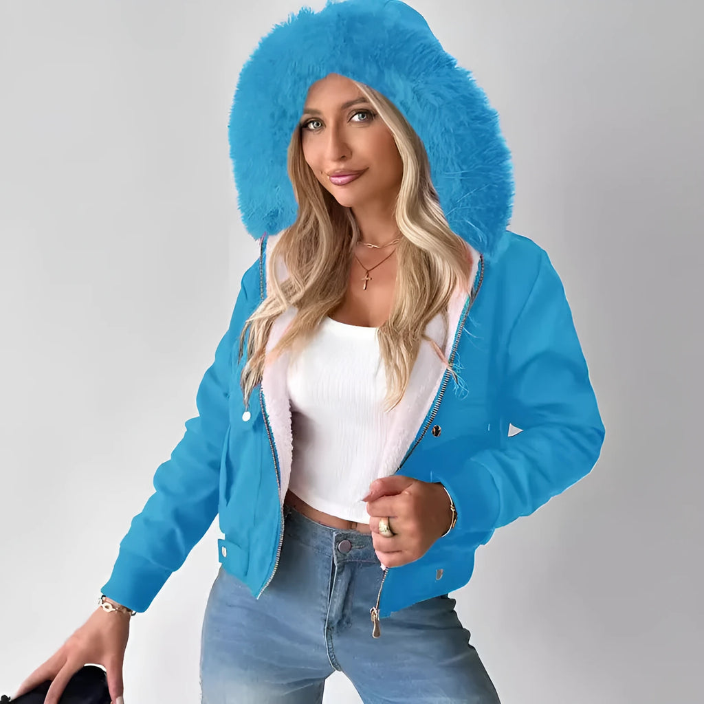 Women's casual hooded jacket with furry lining in Black, long sleeves, polyester fabric