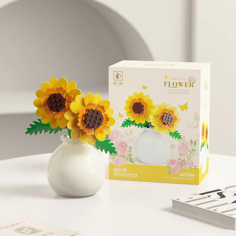 Assembled plastic building block flower in vase on tabletop