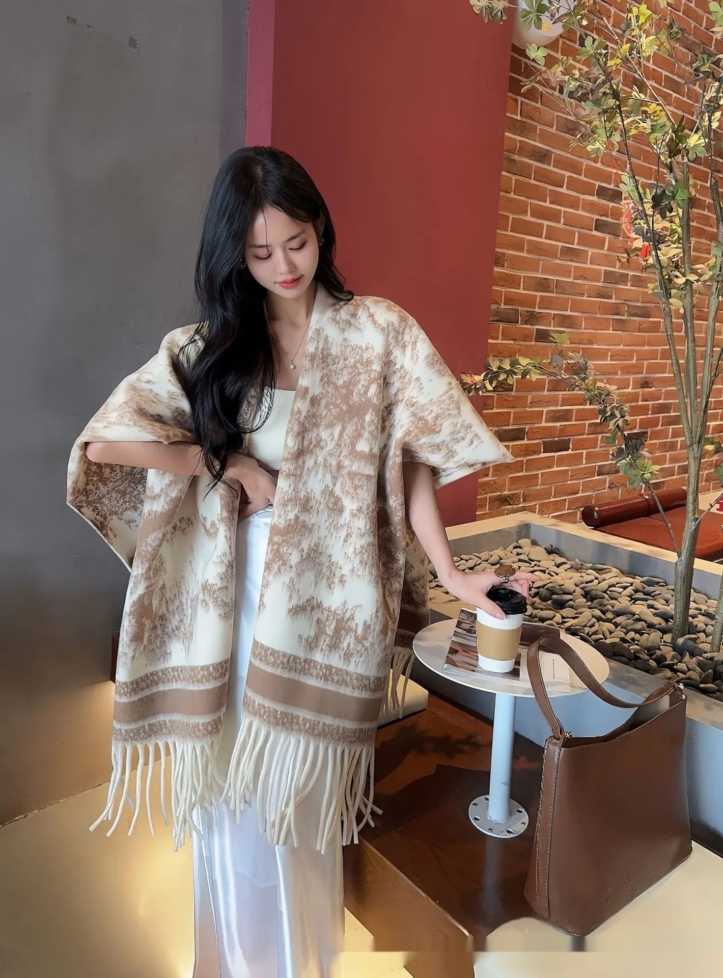 Women's casual tassel scarf cape shawl in polyester fabric with free-size fit