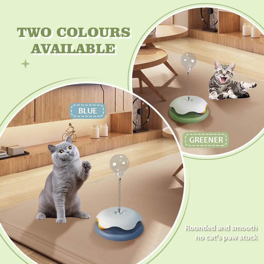 Blue cat treat dispenser toy with track ball showing slow feeder compartment