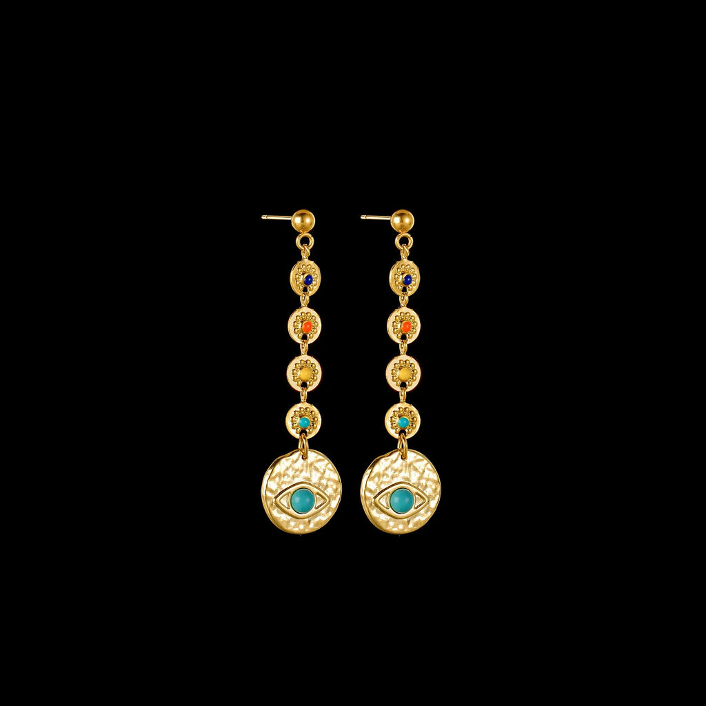 Geometric stainless steel earrings in Eight Awn Star, Eye, and Shell Sun designs