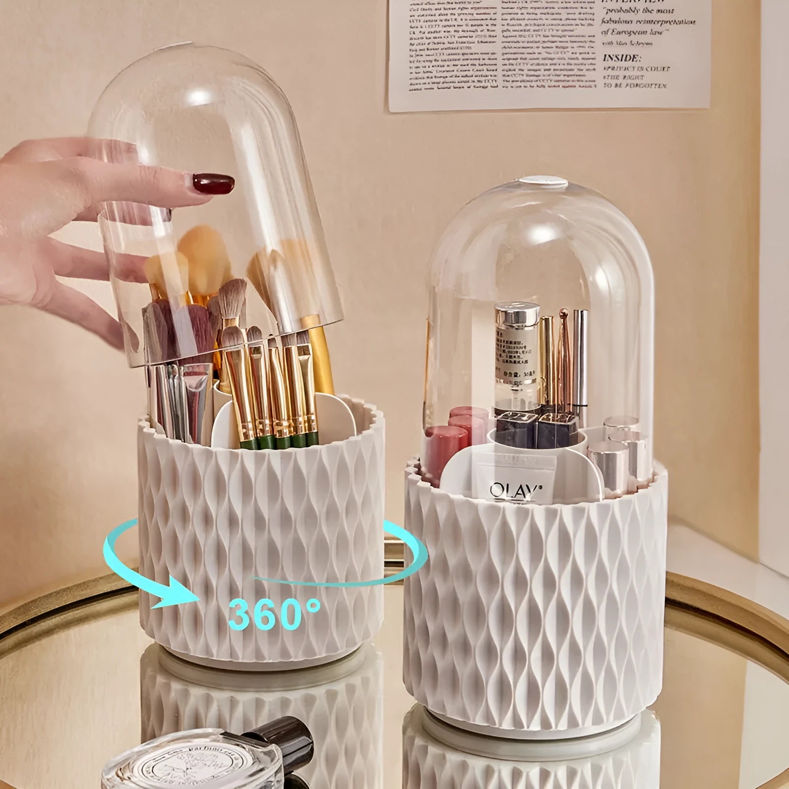 White rotating acrylic makeup brush storage box with transparent walls and dustproof lid