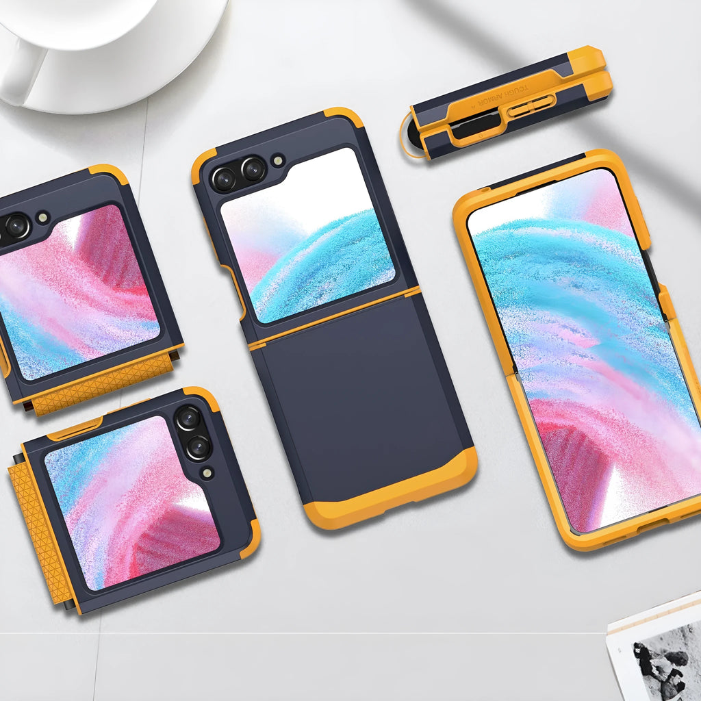 Armour hinge integrated hard PC protective case for Samsung Z Flip showing hinge coverage and contrast colour finish.