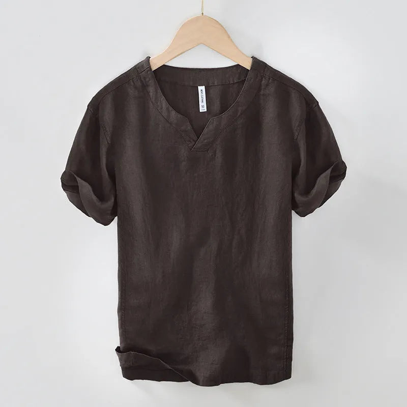 Simple casual linen T-shirt top in khaki, short sleeves, pullover style