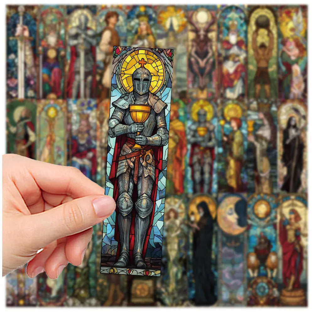 30 painted glass tarot paper bookmarks laid out showing different designs