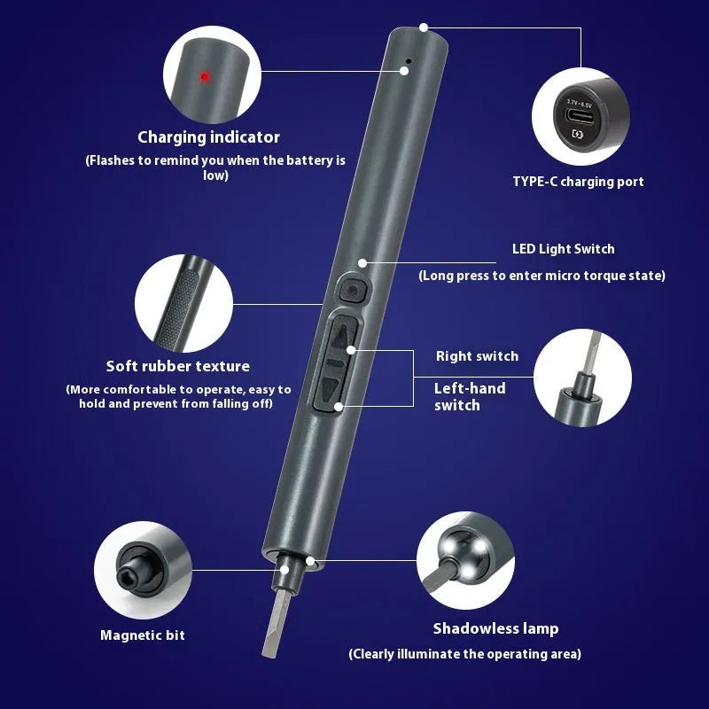 Rechargeable 28-in-1 mini electric screwdriver with bits and battery indicator