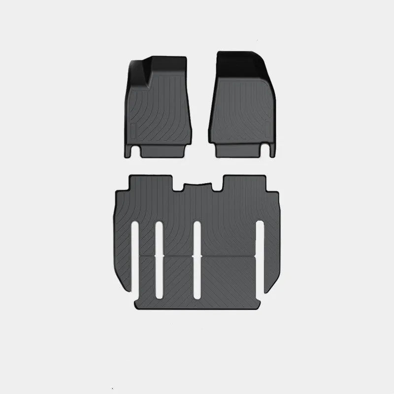 Tesla Model X waterproof TPE rubber floor mats showing left and right rudder design for vehicle-specific fitment