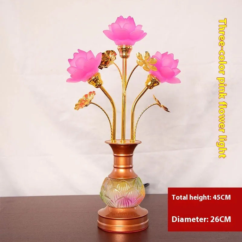 Colored glaze lotus lantern with alloy base, pink floral petals, and LED light for temple worship