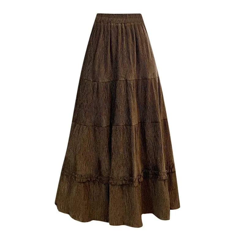 Women's solid colour corduroy A-line midi skirt with elastic waistband in milky white