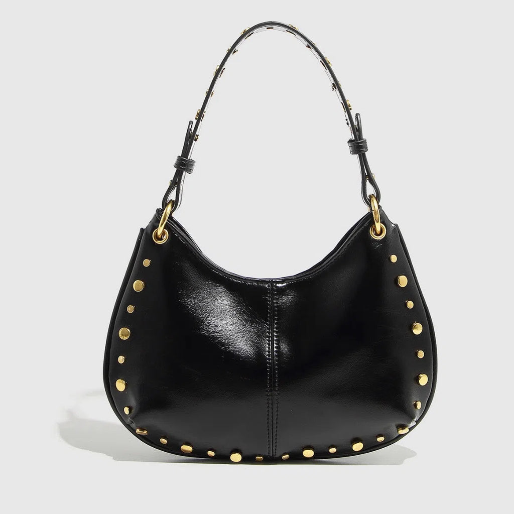 Woman's PU leather dumpling-shaped underarm bag with rivet studs and double straps, in black