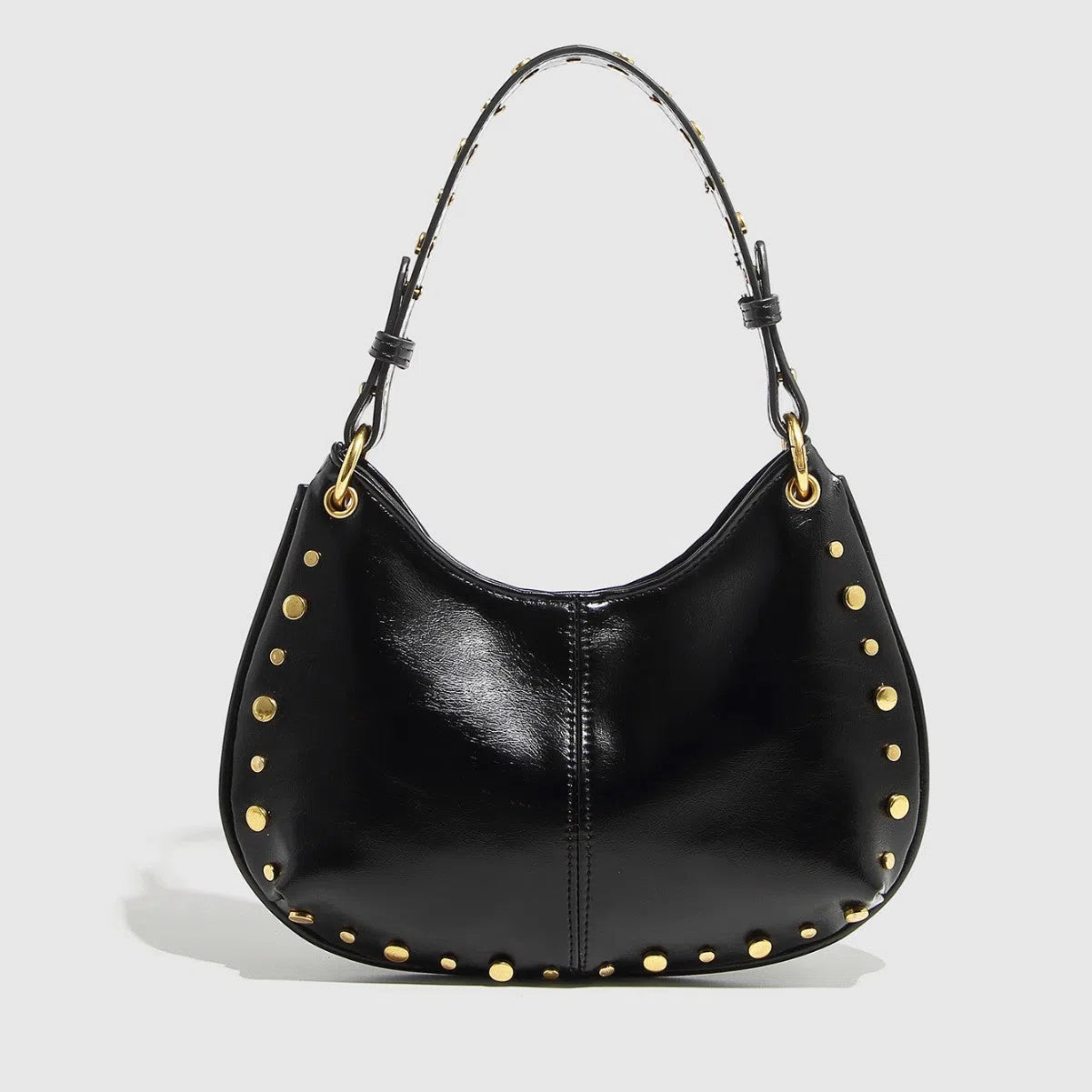Woman's PU leather dumpling-shaped underarm bag with rivet studs and double straps, in black