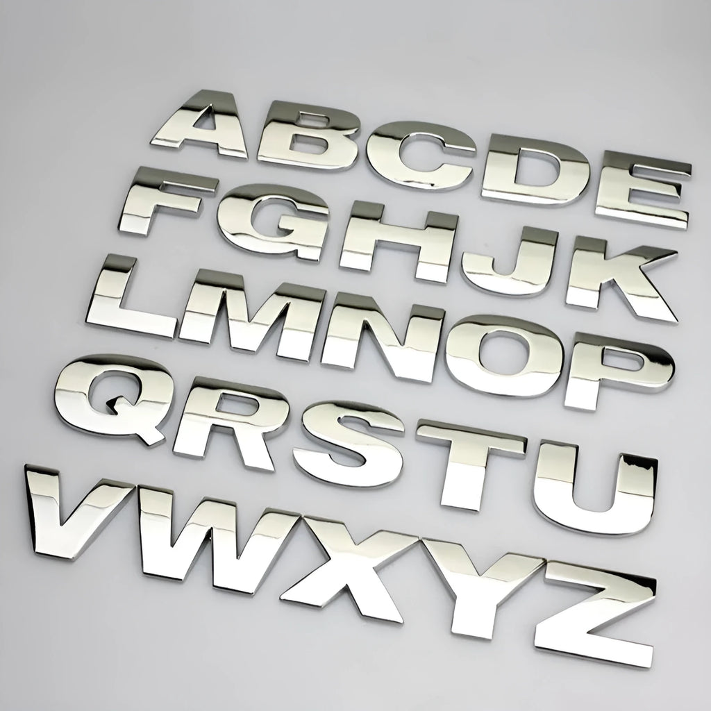 3D metal zinc alloy car bumper sticker showing raised letter A in black finish, 2.5cm size