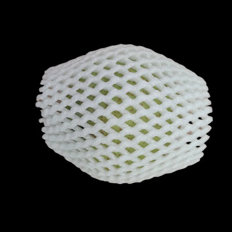 White foam mesh net protective cover for fruit, shown with size options from 6x5cm to 18x7cm.