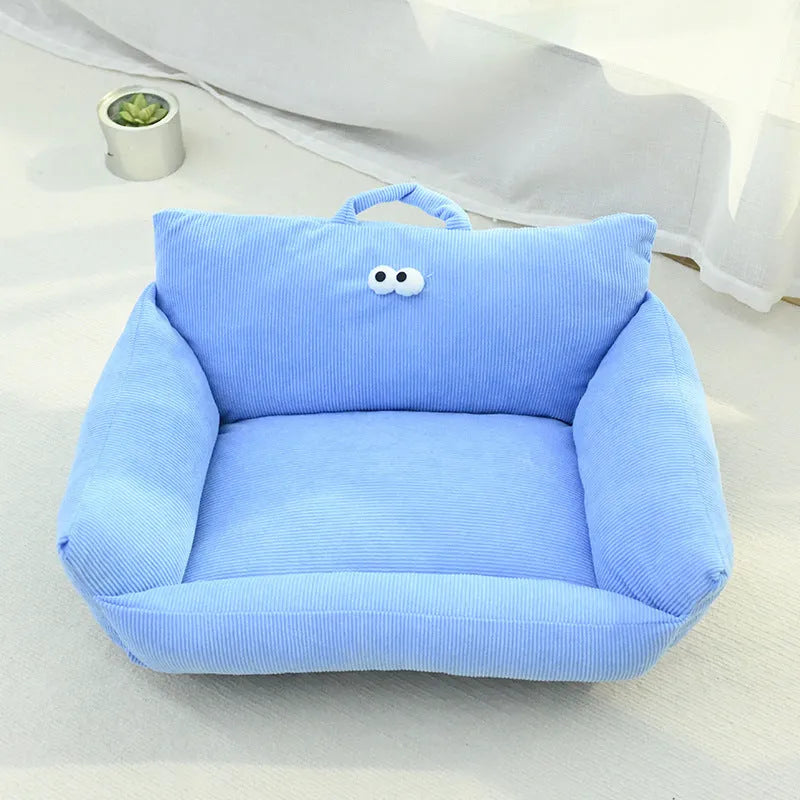 Warm puppy sofa kennel with cartoon eyes in blue colour, small size 55x45cm