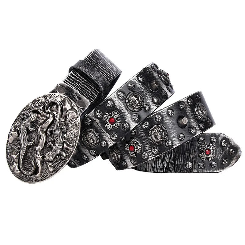 Men's genuine leather belt with punk rivets and an alloy buckle in a retro colour