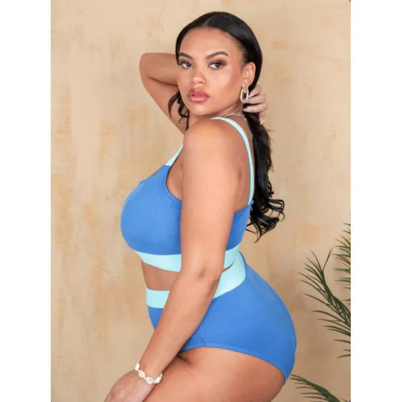 Solid colour high waisted bikini set for women in plus sizes, made from polyester fabric.