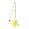 Blue cat teaser stick toy with a bell and a grey pompon feather, shown at approximate 31cm length.