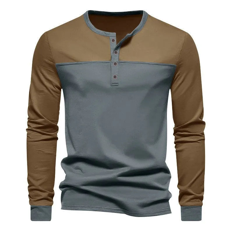 Men's long-sleeve henley collar casual shirt in a retro colour-block design