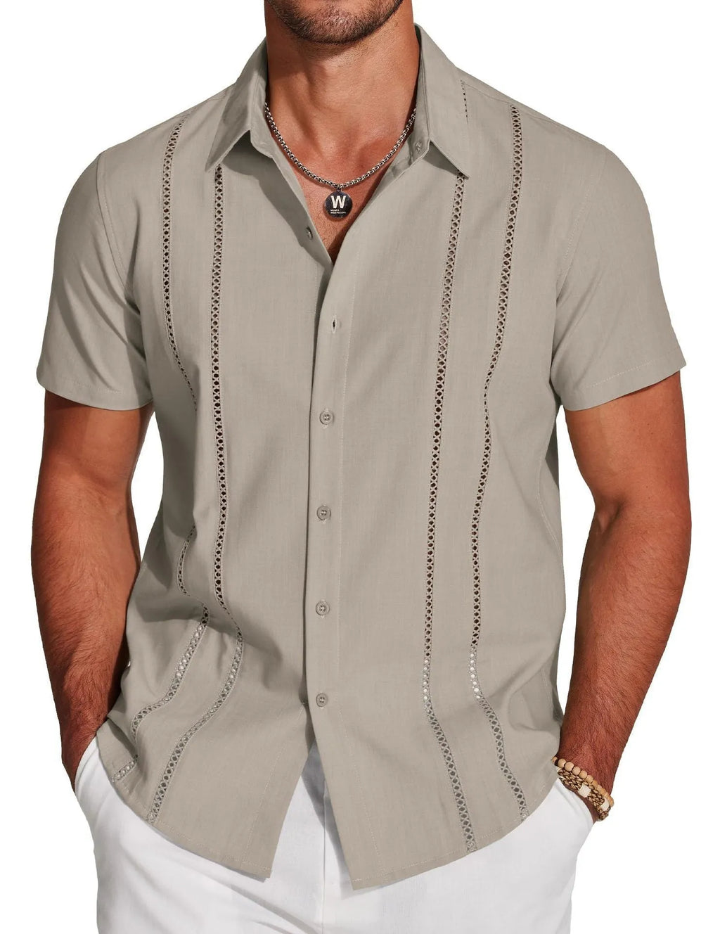Men's slim fit Hawaiian shirt with digital print pattern and short sleeves showing elastic band construction