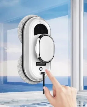 White automatic window cleaning robot with remote control and accessories including safety rope adapter