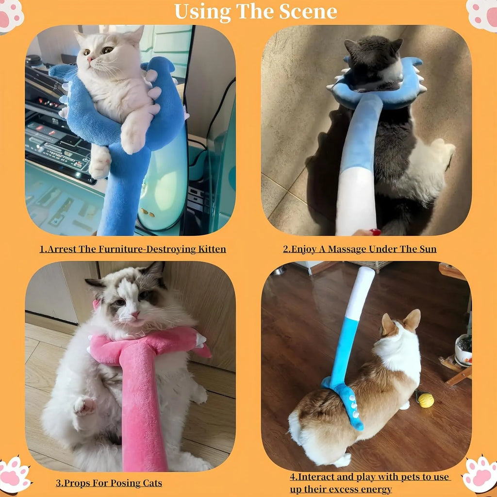 70cm blue plush cat wand toy with foam-filled head for indoor cats
