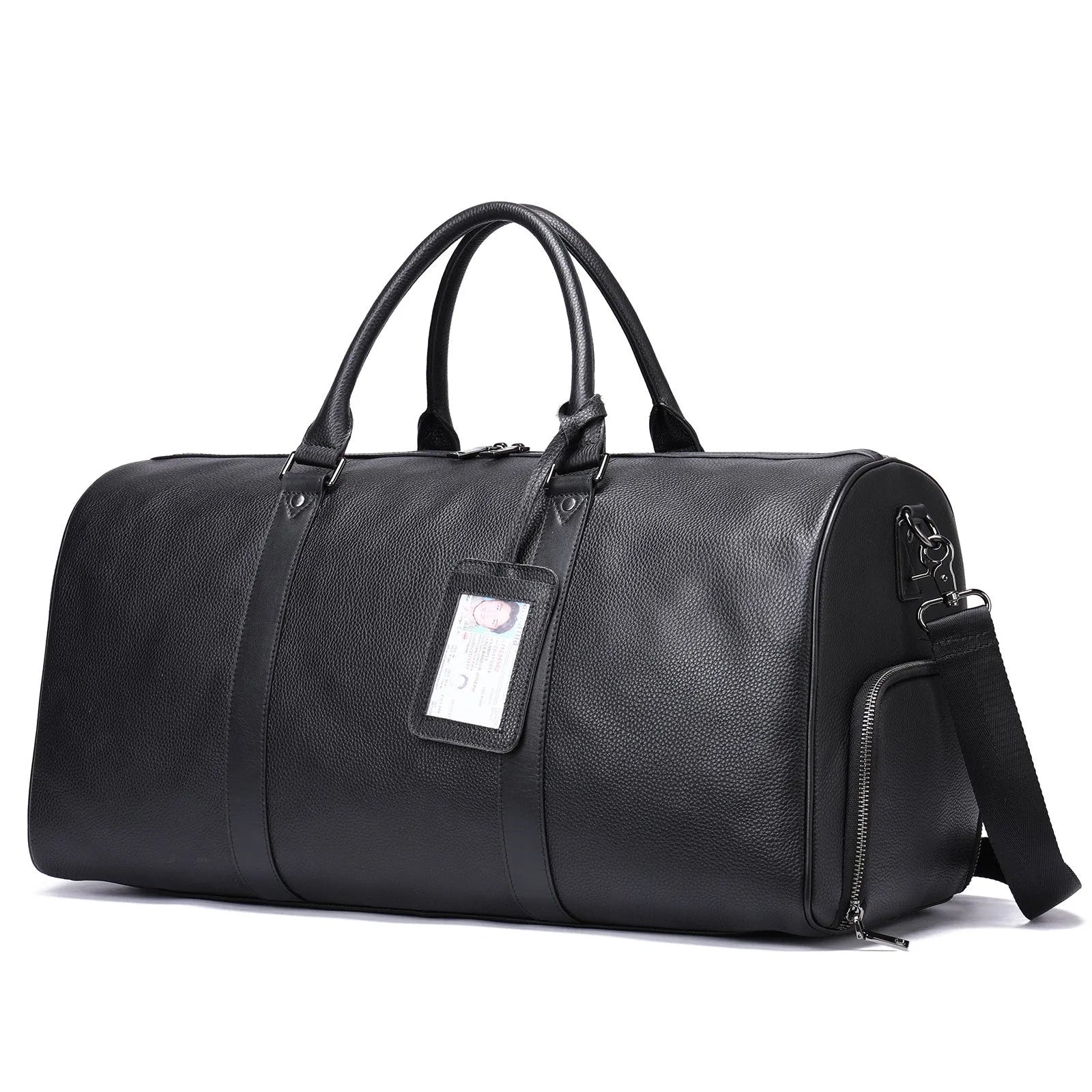 Men's leather tote bag in black and coffee colours showing single strap design and cowhide texture