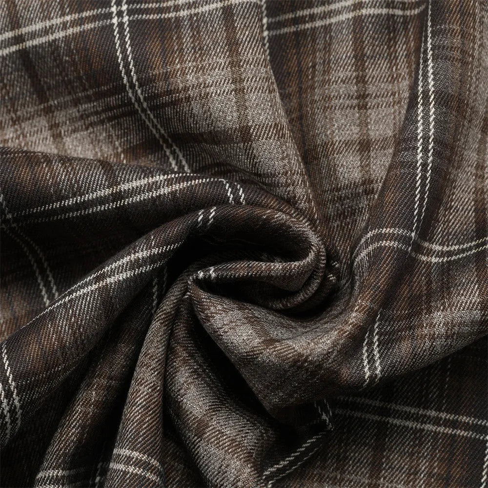 Men's black and brown plaid short sleeve shirt with embroidered letter and lapel collar.