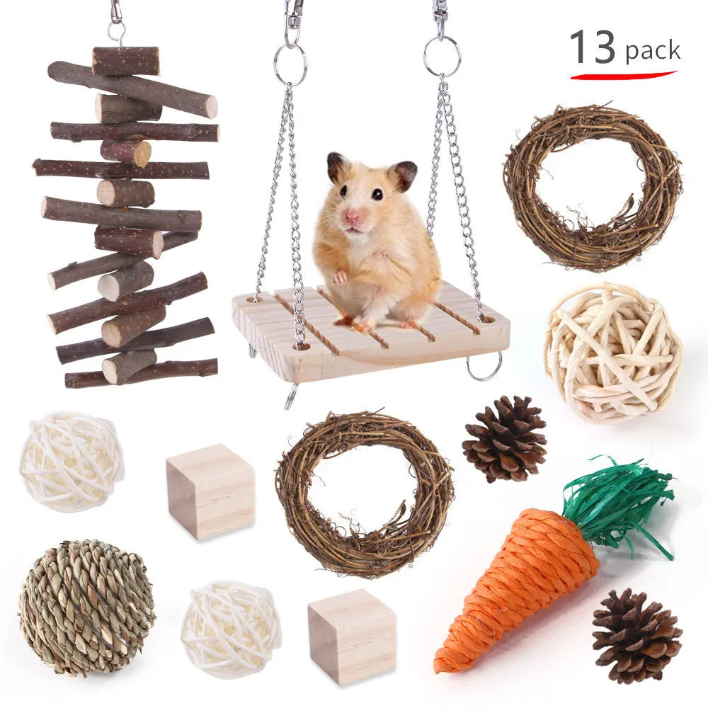 Assortment of natural wooden and woven chew toys for small pets like rabbits and parrots.
