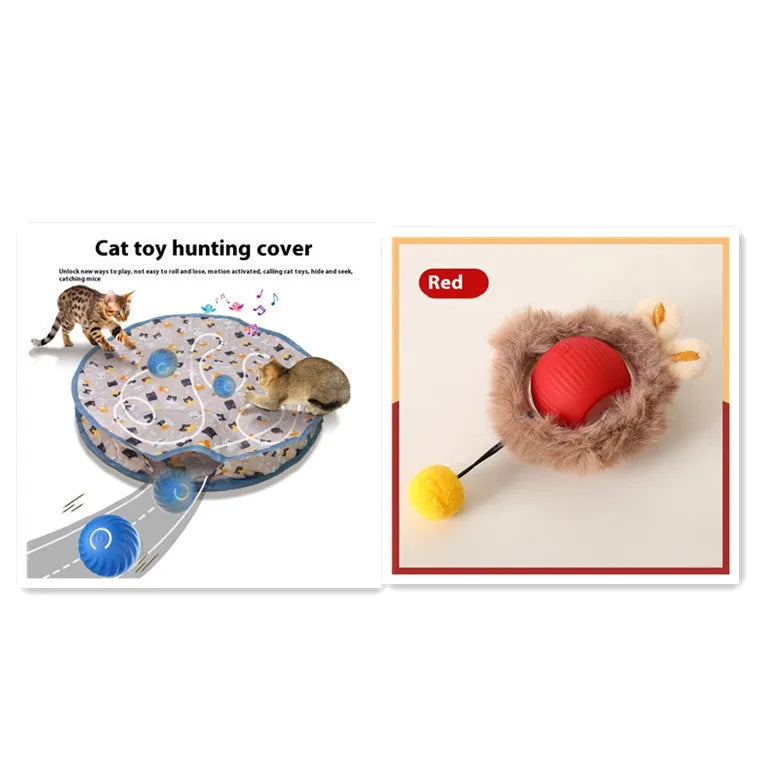 Silicone cat rolling ball toy in green, grey, red, and pink plush designs with optional rope attachment