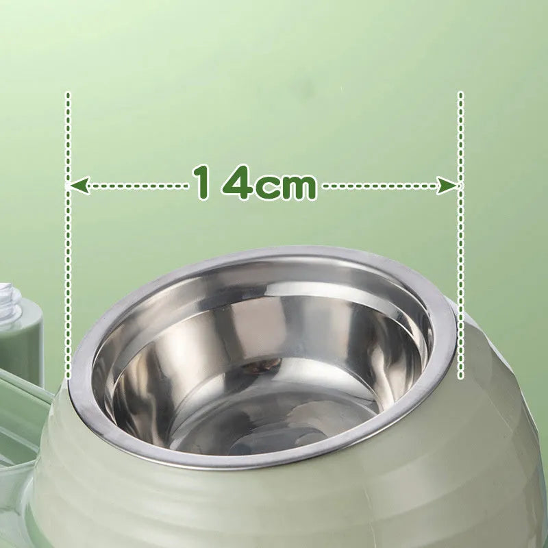 Elevated cat food bowl with water dispenser bottle in green colour